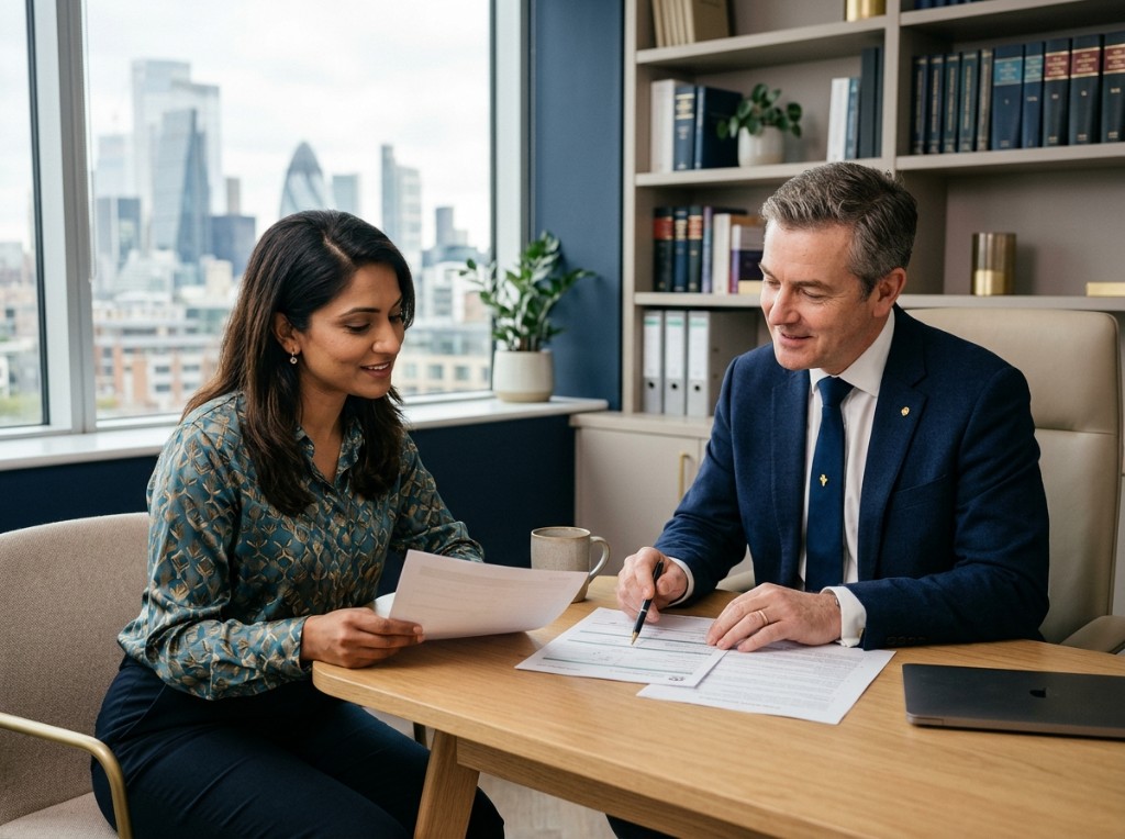 Waltham Forest Immigration Bureau consultation — advisers reviewing documents together in a modern office